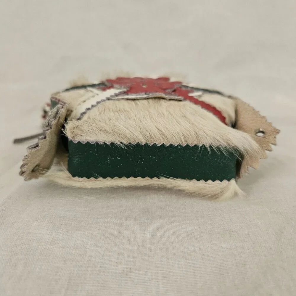 Vintage Hungarian Leather & Cowhide Decorative Canteen Flask – Red Green White